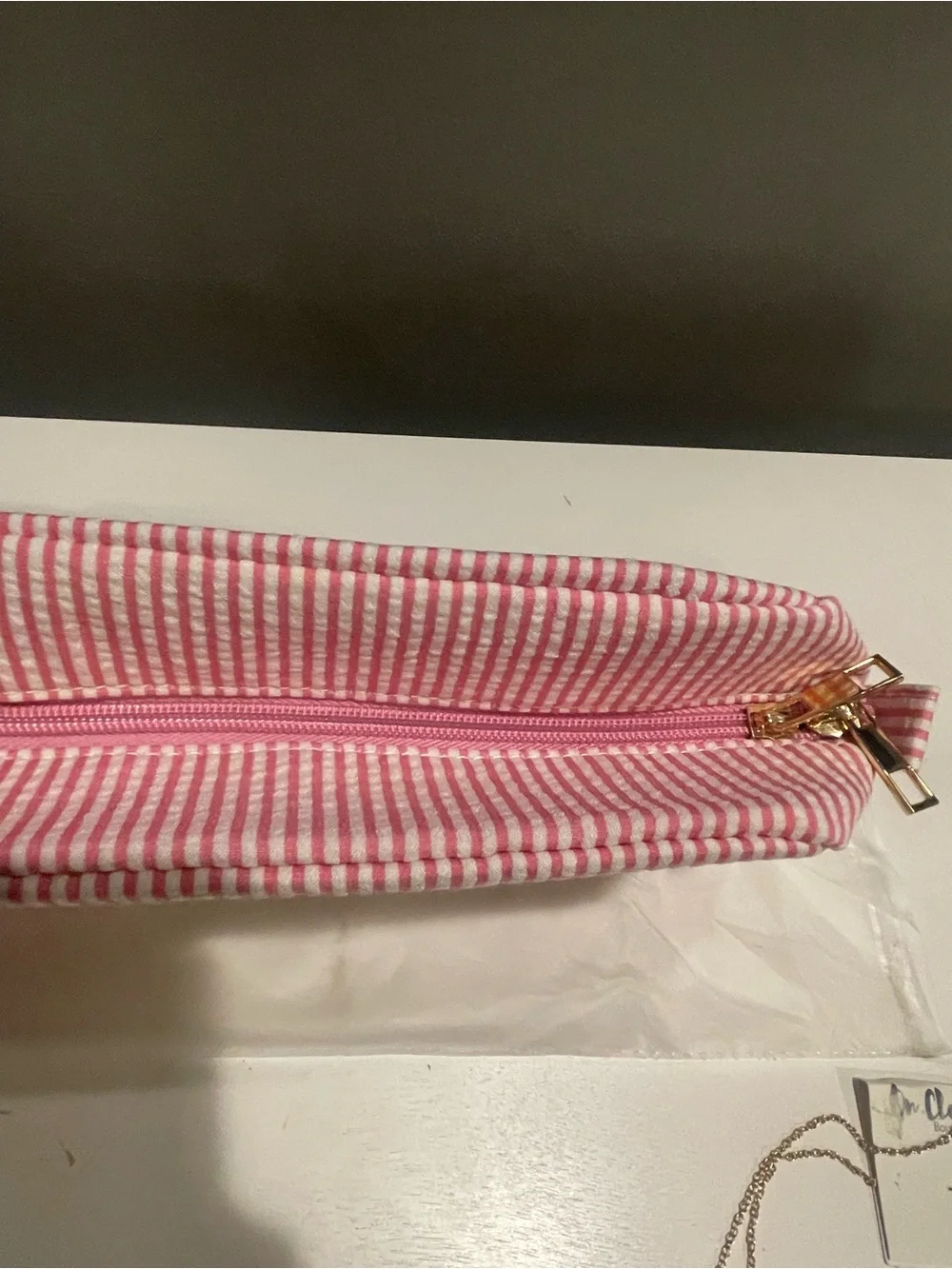 Pink and White Striped Cosmetic Pouch with 'N' Patch w/ “N” necklace included